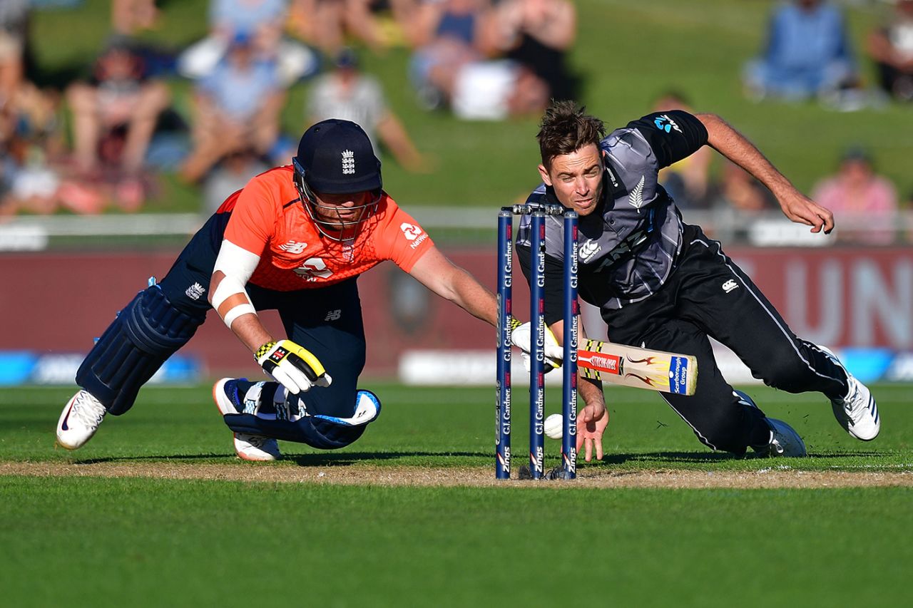 Jonny Bairstow dives for his crease as Tim Southee underarms the ball, New Zealand v England, 4th T20I, Napier, November 8, 2019