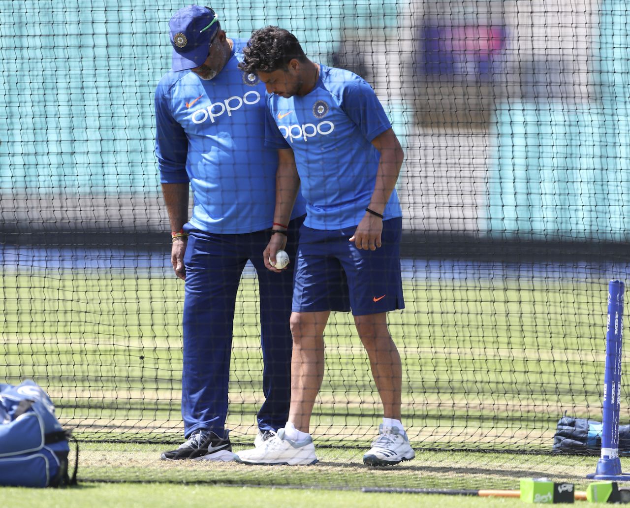 Kuldeep Yadav trains in the nets with bowling coach Bharat Arun before the World Cup, the Oval, London, May 23, 2019