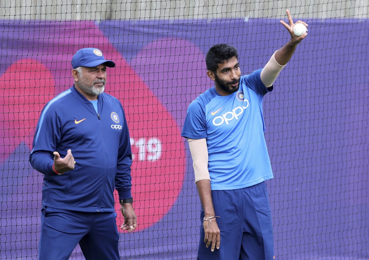 Jasprit Bumrah and Bharat Arun respond to a batsman in the nets, World Cup 2019, Hampshire Bowl, Southampton, England, June 20, 2019.