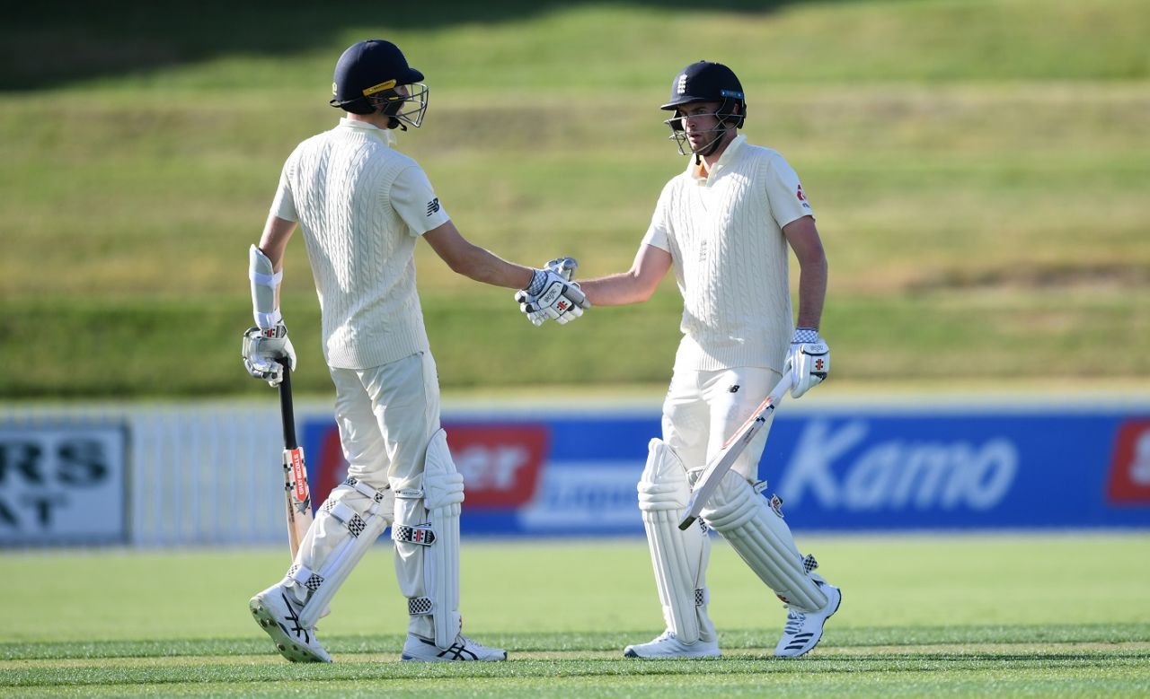 Dom Sibley shakes hands with Zak Crawley in the tour game. Both men got hundreds, New Zealand XI v England XI, Cobham Oval, Whangarei, Day 1, November 12, 2019