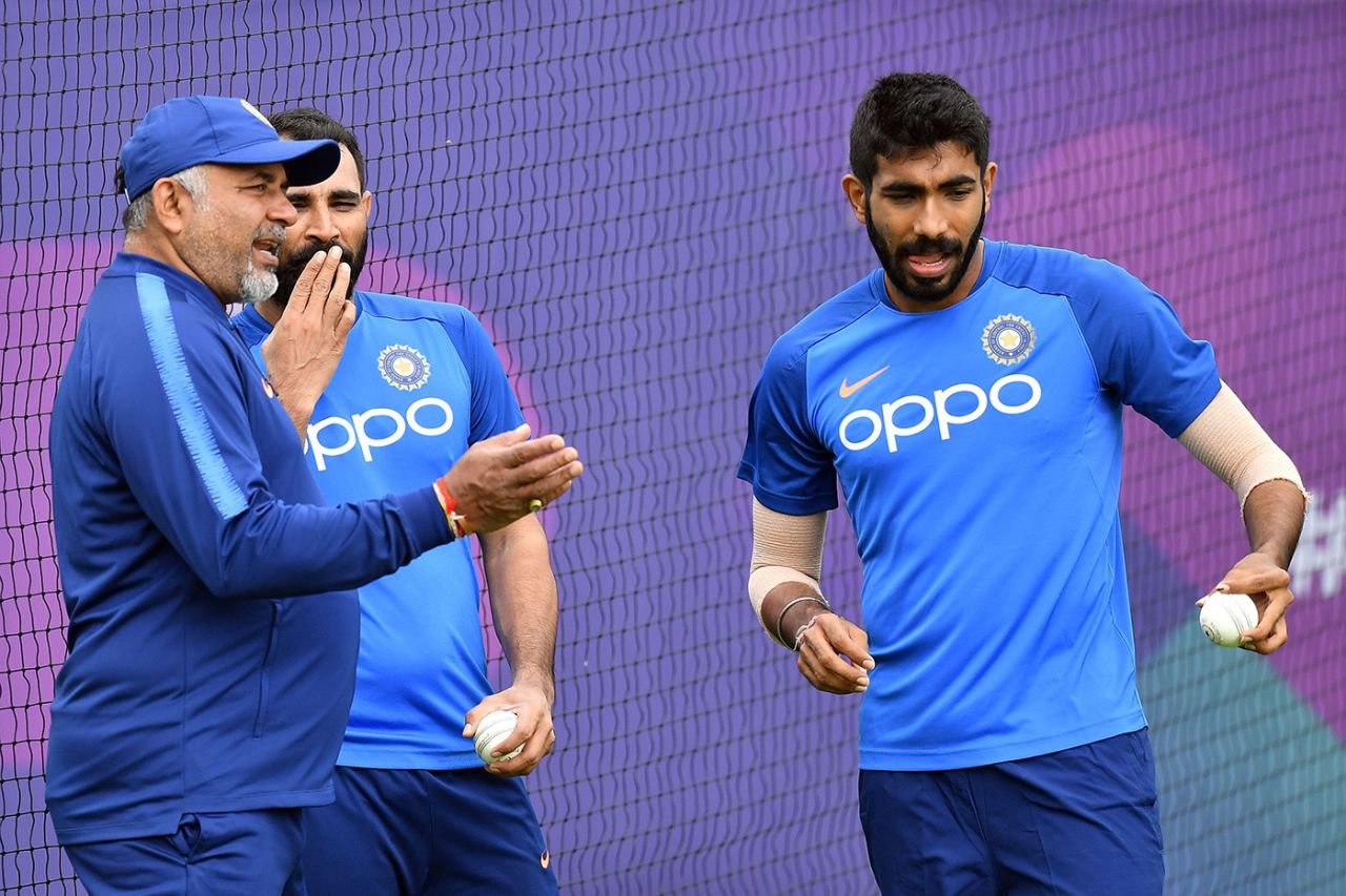 India bowling coach Bharat Arun with Mohammed Shami and Jasprit Bumrah at a training session ahead of the match, Afghanistan v India, World Cup 2019, Southampton, June 20Sa