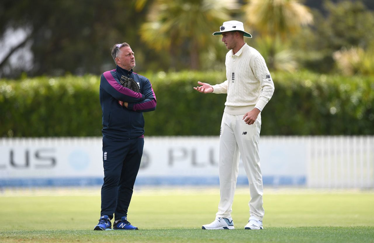 Stuart Broad chats with England's bowling consultant Darren Gough, New Zealand XI v England XI, Cobham Oval, Whangarei, Day 2, November 13, 2019