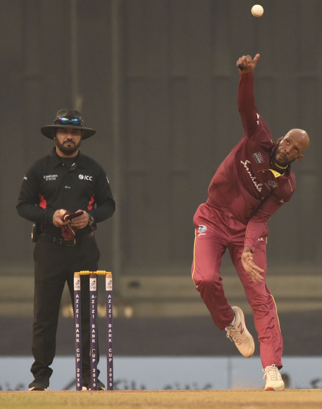 Roston Chase delivers the ball, Afghanistan v West Indies, 3rd ODI, Lucknow, November 11, 2019