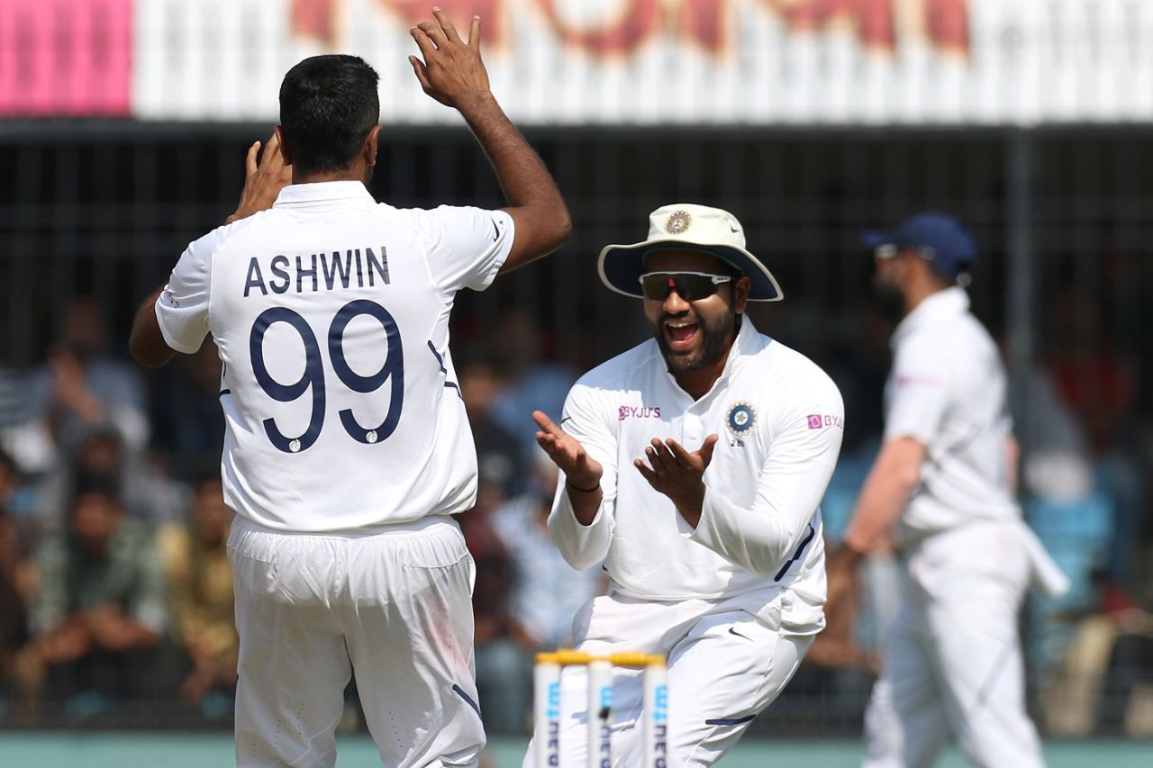 R Ashwin and Rohit Sharma celebrate a wicket, India v Bangladesh, 1st Test, Indore, 1st day, November 14, 2019