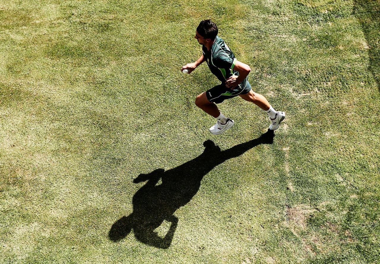 An overhead shot of Pat Cummins bowling in the nets, South Africa v United Arab Emirates, World Cup 2015, Group B, Wellington, March 12, 2015