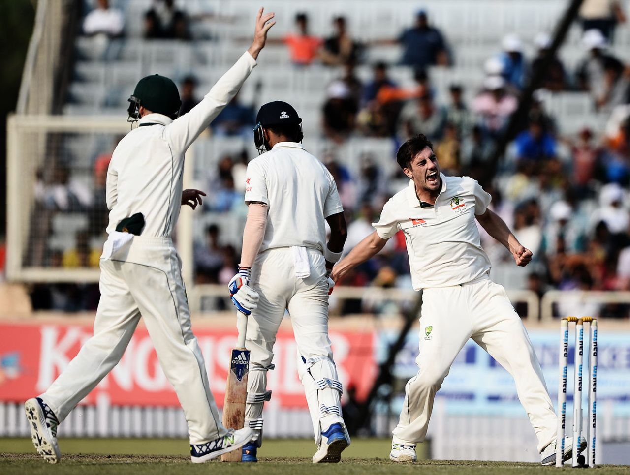 Pat Cummins celebrates KL Rahul's wicket, India v Australia, 3rd Test, Ranchi, 2nd day, March 17, 2017