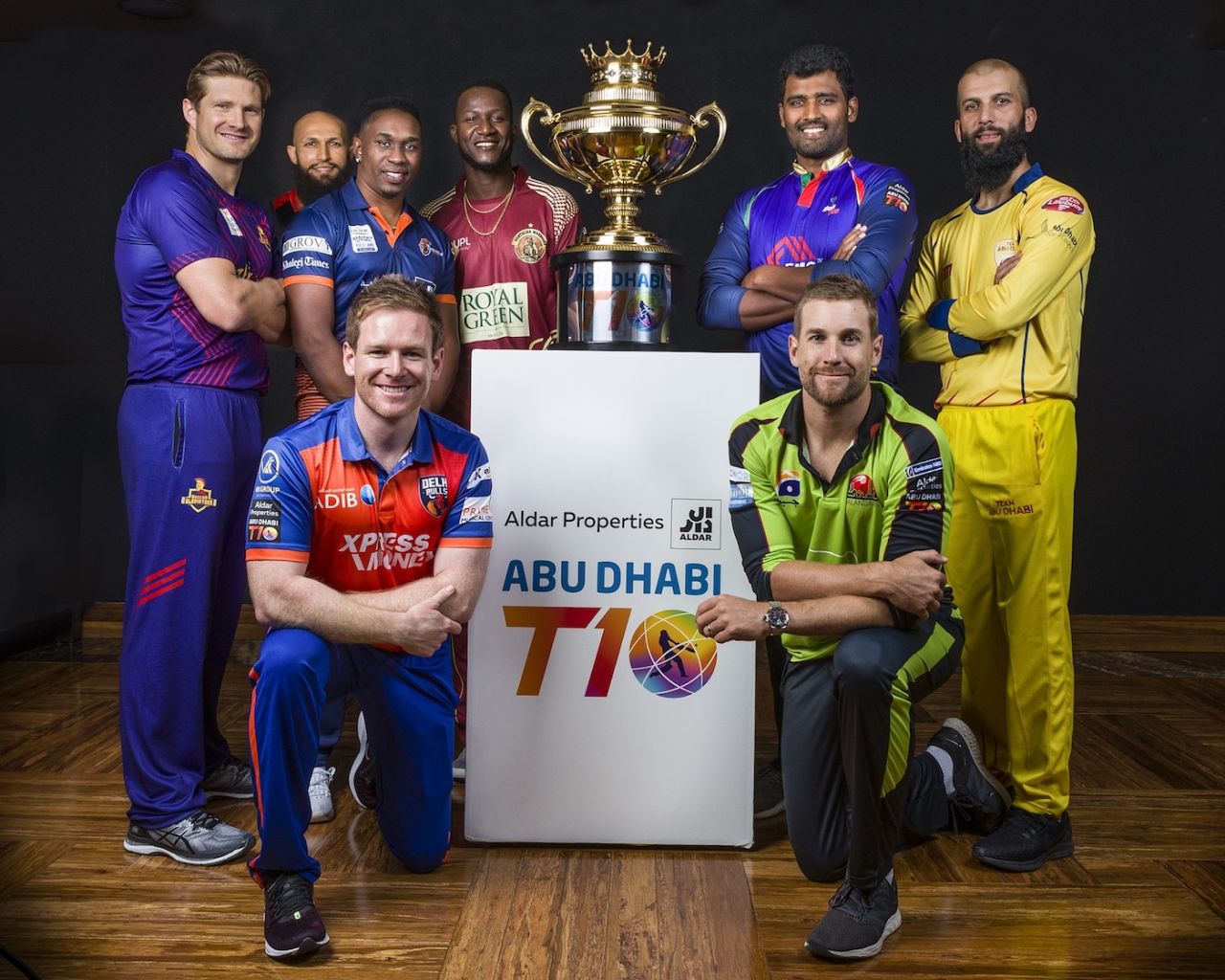 The eight captains pose after arriving for T10, Abu Dhabi, November 14, 2019