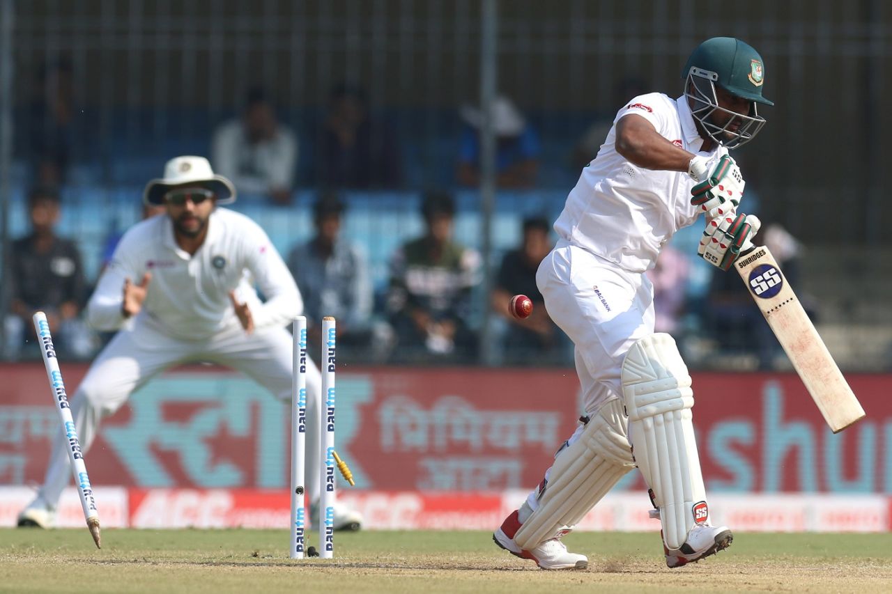 Imrul Kayes had his leg stump flattened, India v Bangladesh, 1st Test, Indore, 3rd day, November 16, 2019