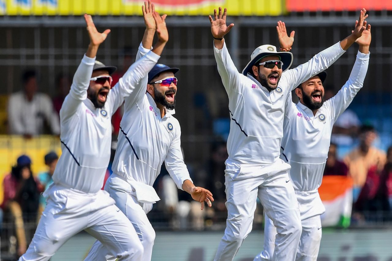 Ajinkya Rahane, Virat Kohli, Rohit Sharma and Cheteshwar Pujara go up in appeal, India v Bangladesh, 1st Test, Indore, 3rd day, November 16, 2019