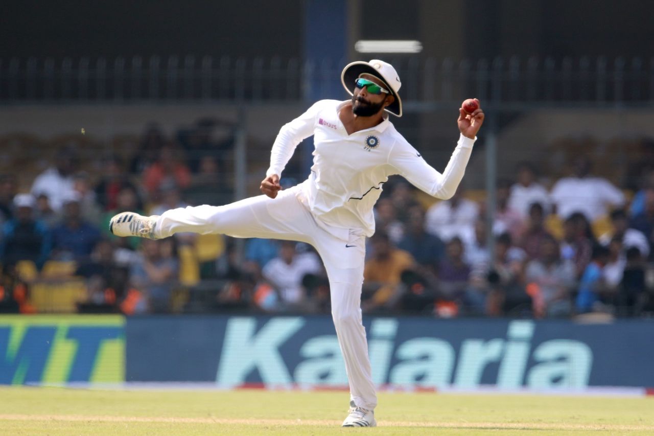 An off-balance Ravindra Jadeja about to fire in a throw, India v Bangladesh, 1st Test, Indore, 3rd day, November 16, 2019