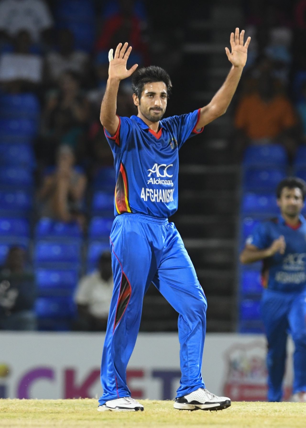 Karim Janat celebrates a wicket, West Indies v Afghanistan, 2nd T20I, Basseterre, June 3, 2017