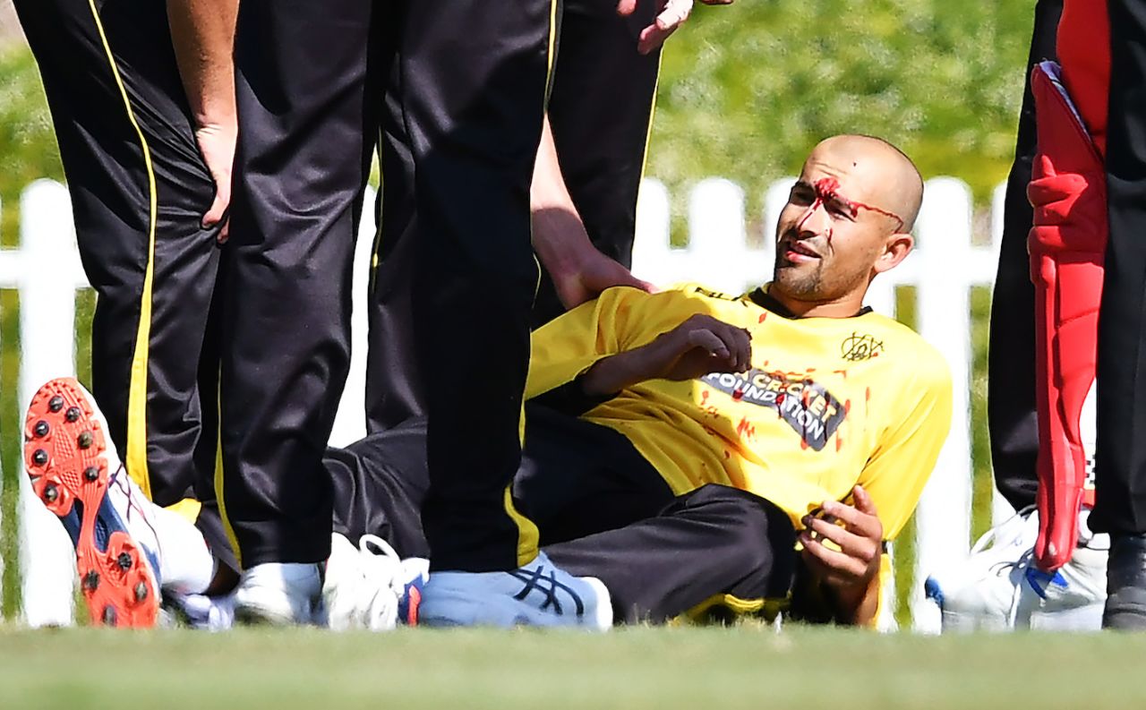 Ashton Agar left bloodied after copping a ball in the head that was hit by his brother Wes Agar, South Australia v Western Australia, Marsh Cup, Adelaide, November 17, 2019