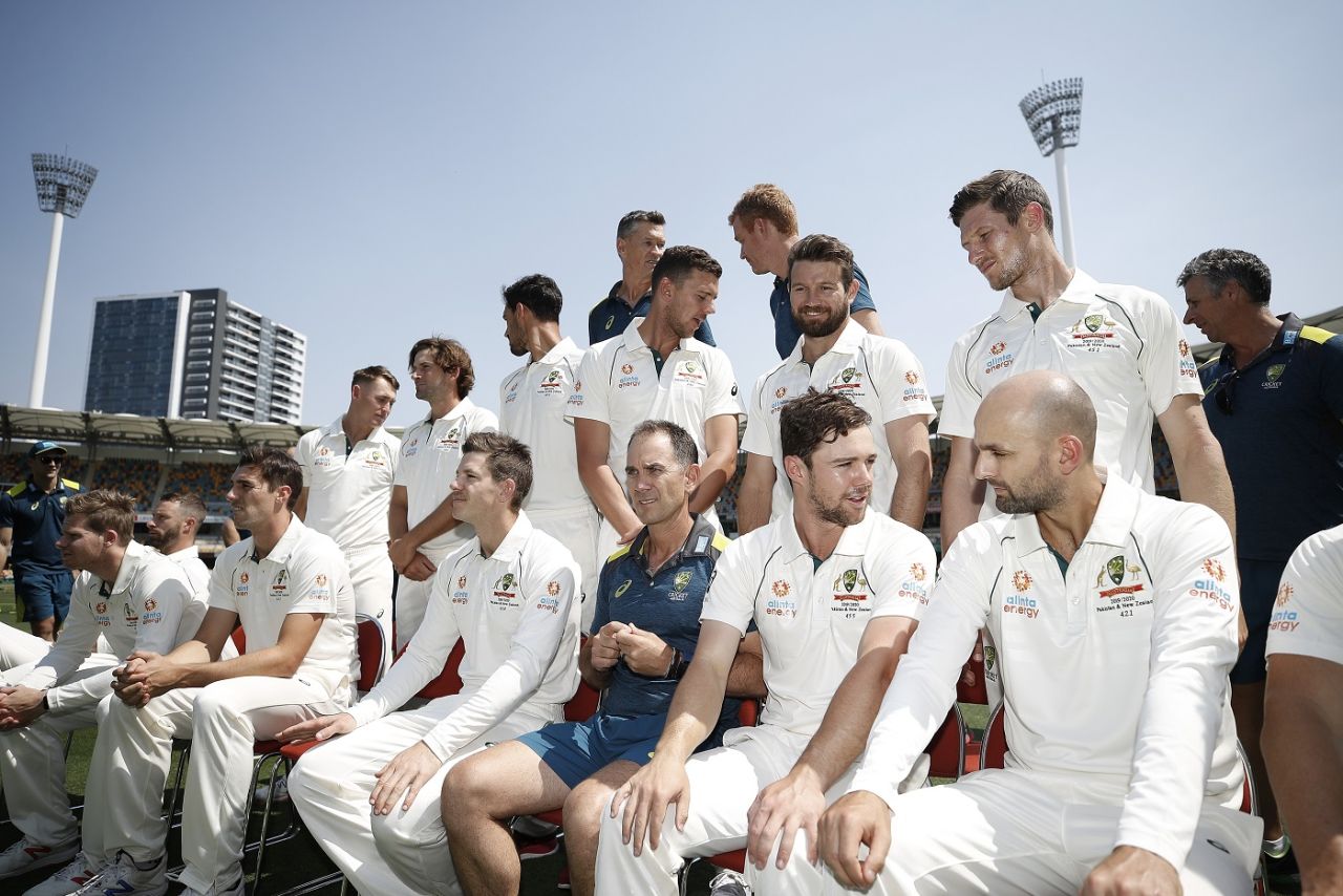 The Australia Test squad share a light moment during a media session ahead of the Pakistan Tests, Brisbane, November 19, 2019