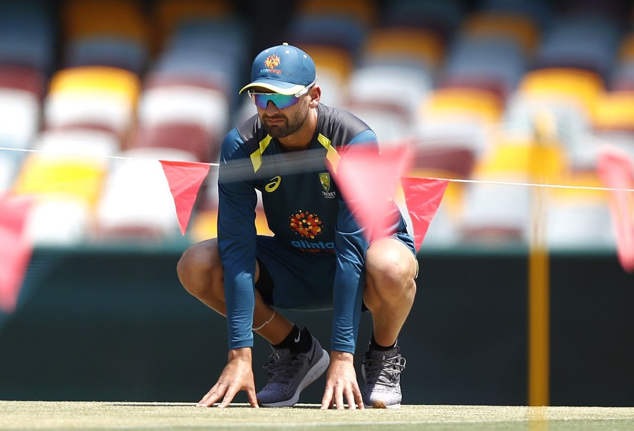 Nathan Lyon checks out the Gabba surface, Brisbane, November 19, 2019