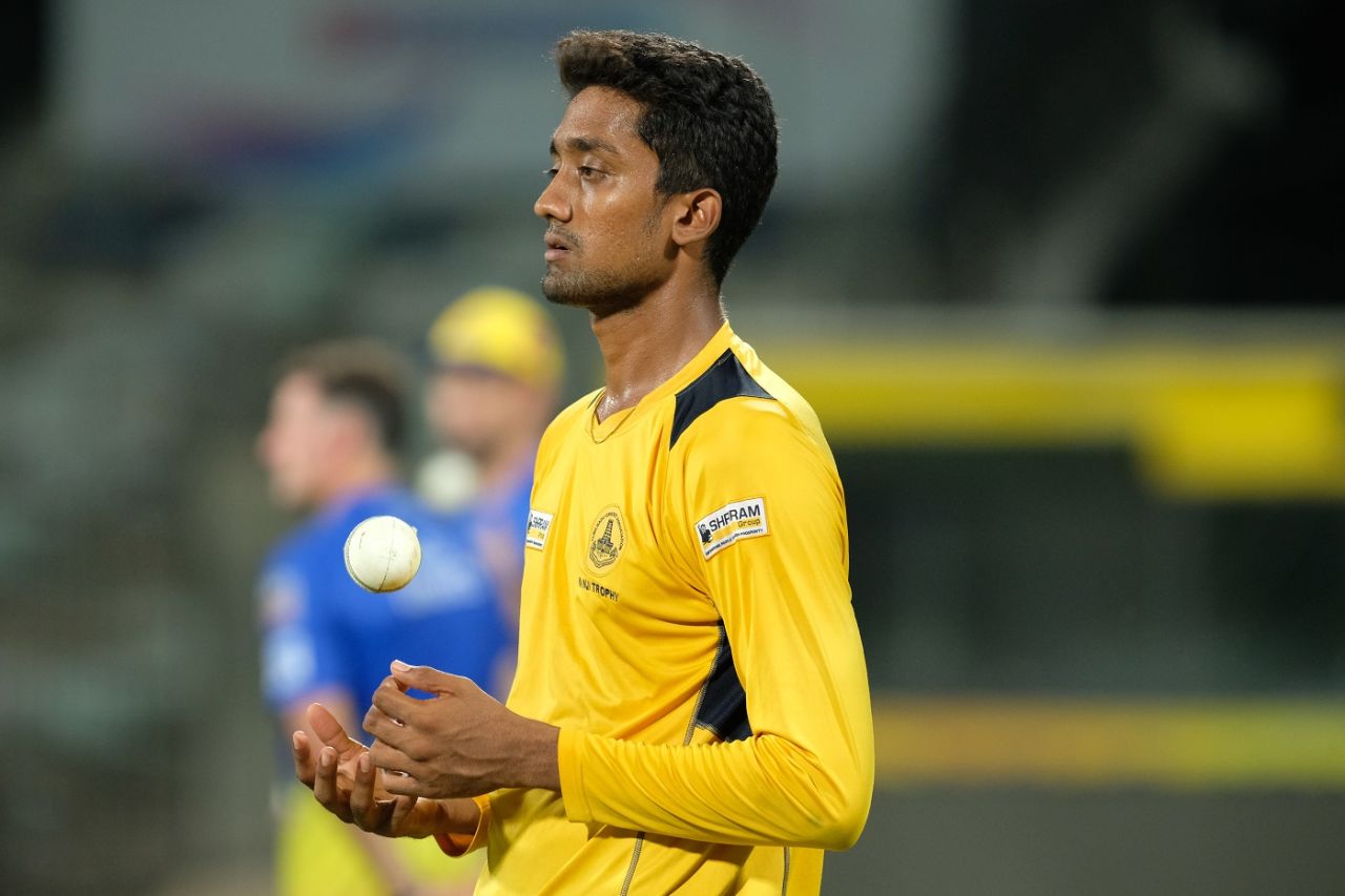 R Sai Kishore prepares to bowl at the Chennai Super Kings nets