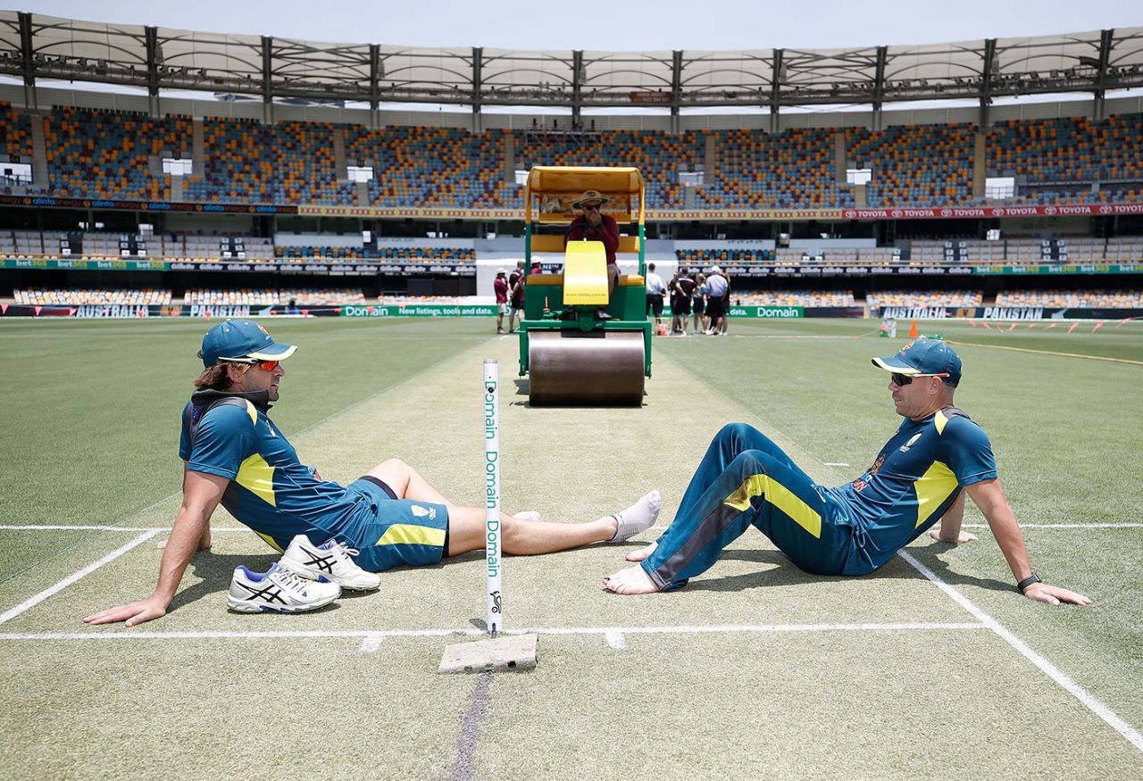 Joe Burns and David Warner prepare for the opening Test, Brisbane, November 20, 2019