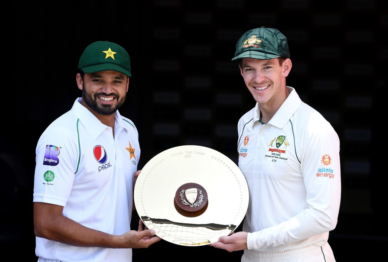 Azhar Ali and Tim Paine pose with the trophy, Brisbane, November 20, 2019