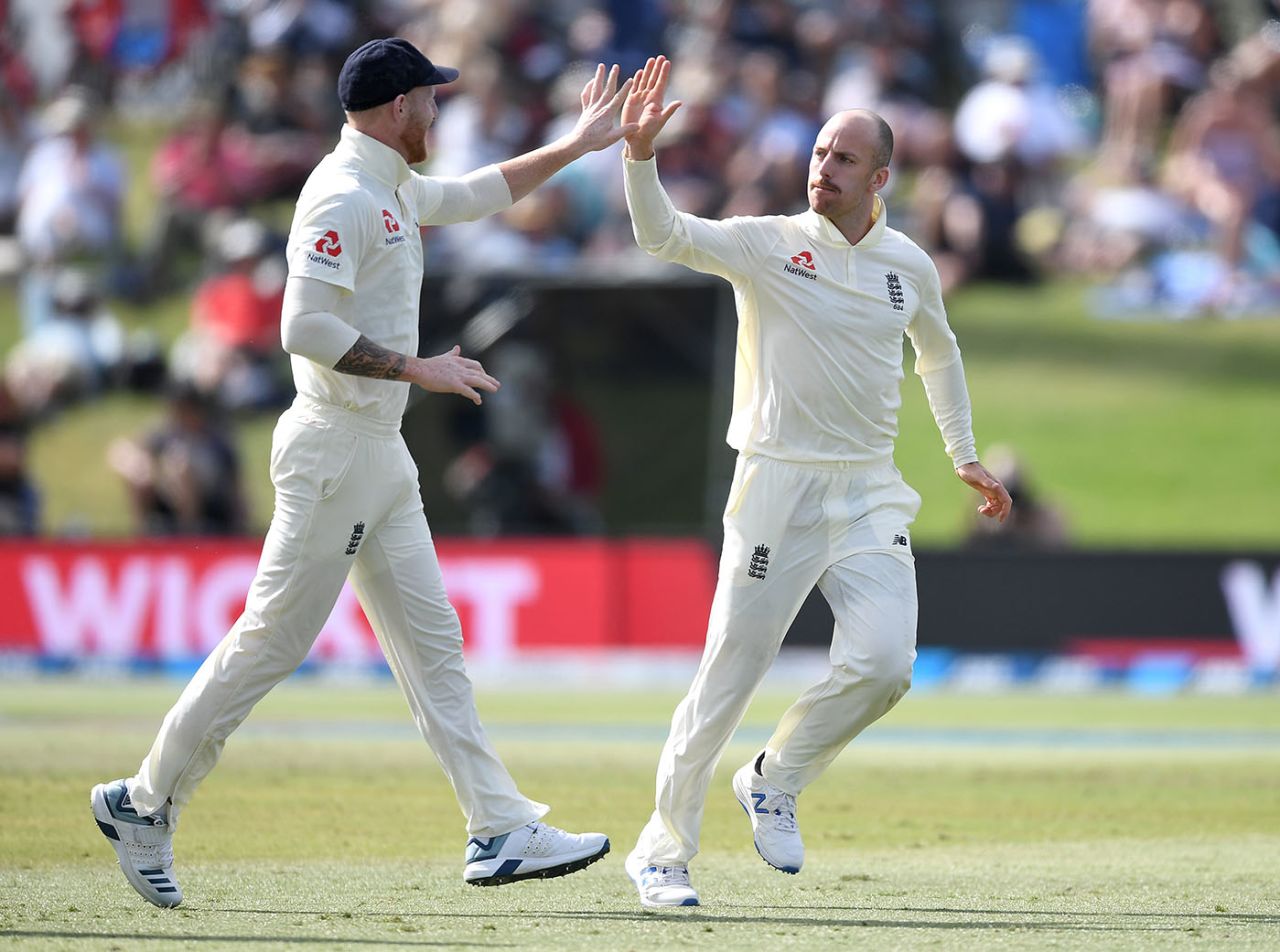 Jack Leach celebrates with Ben Stokes after dismissing Jeet Raval, New Zealand v England, 1st Test, Mount Maunganui, 2nd day, November 22, 2019