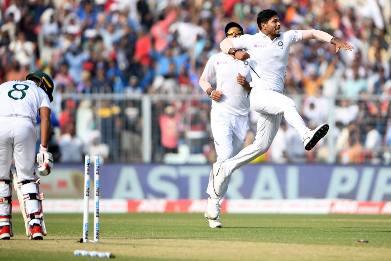 Umesh Yadav exults after bursting through Mohammad Mithun's defences, India v Bangladesh, 2nd Test, 1st day, Kolkata, November 22, 2019