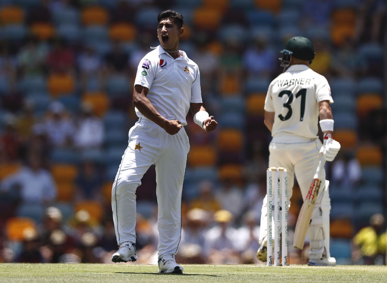 Naseem Shah celebrates his first Test wicket of David Warner, Australia v Pakistan, 1st Test, Brisbane, November 23, 2019