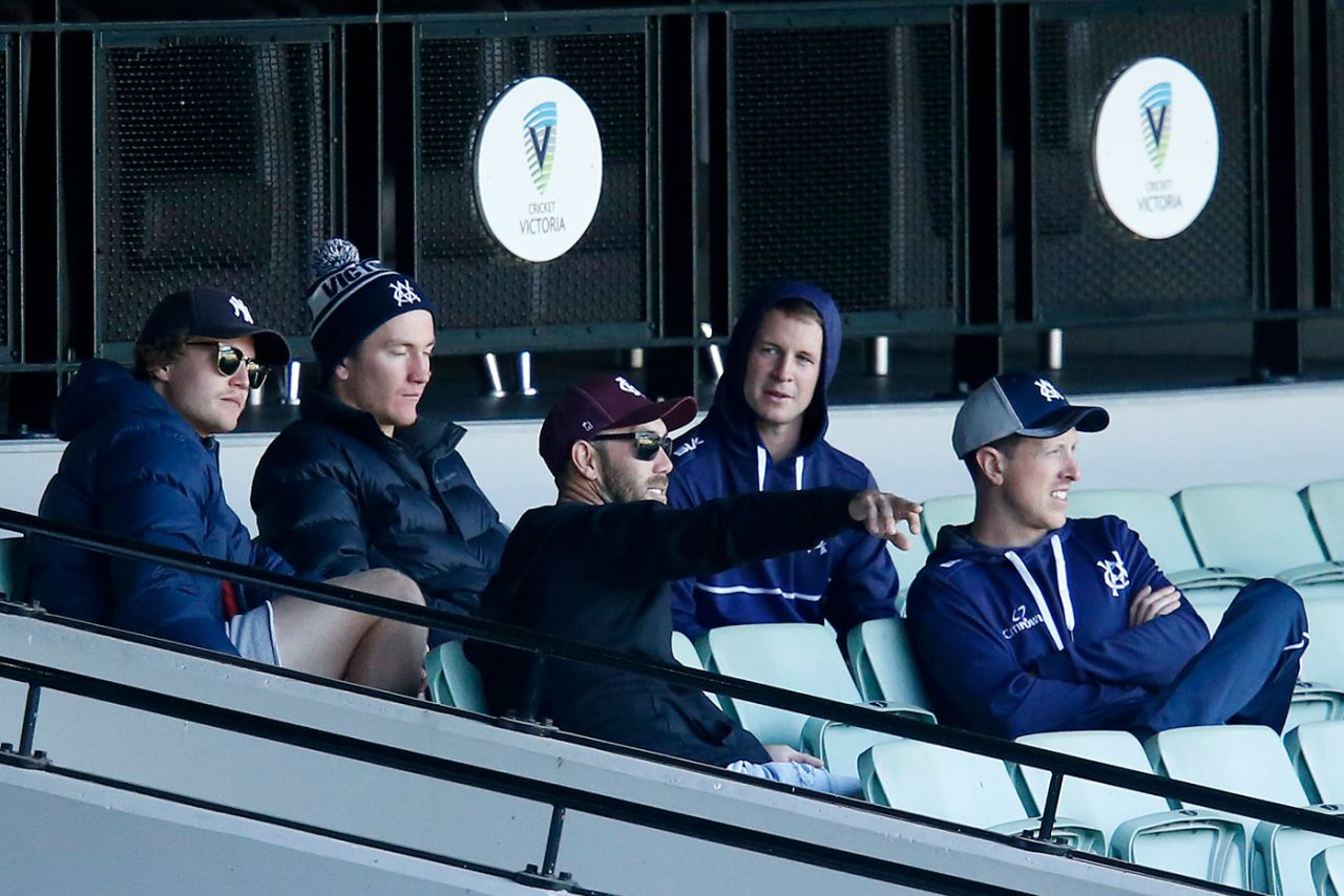 Glenn Maxwell and Will Pucovski watch a match with their Victoria team-mates, Victoria v New South Wales, Marsh Cup, MCG, November 17, 2019