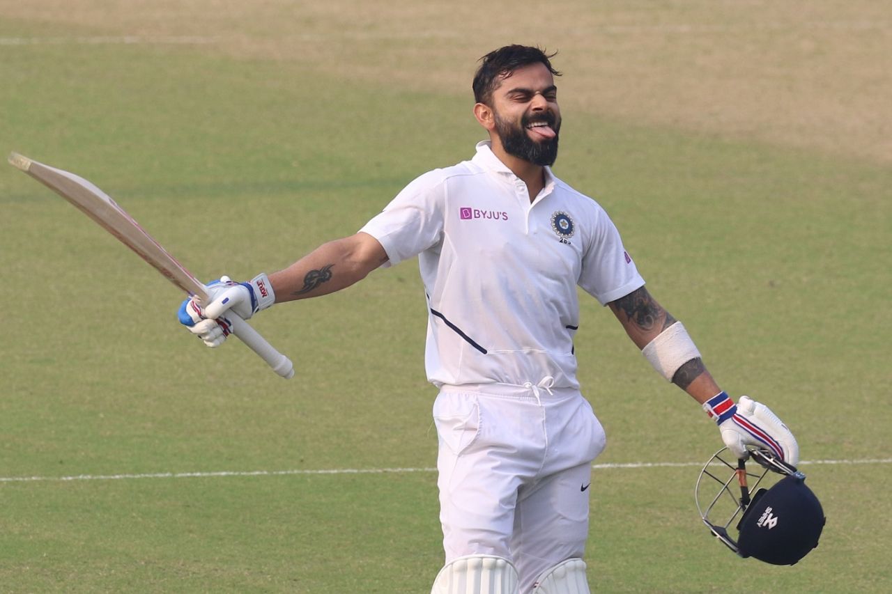 Virat Kohli celebrates his 20th Test ton, India v Bangladesh, 2nd Test, Kolkata, 2nd day, November 23, 2019