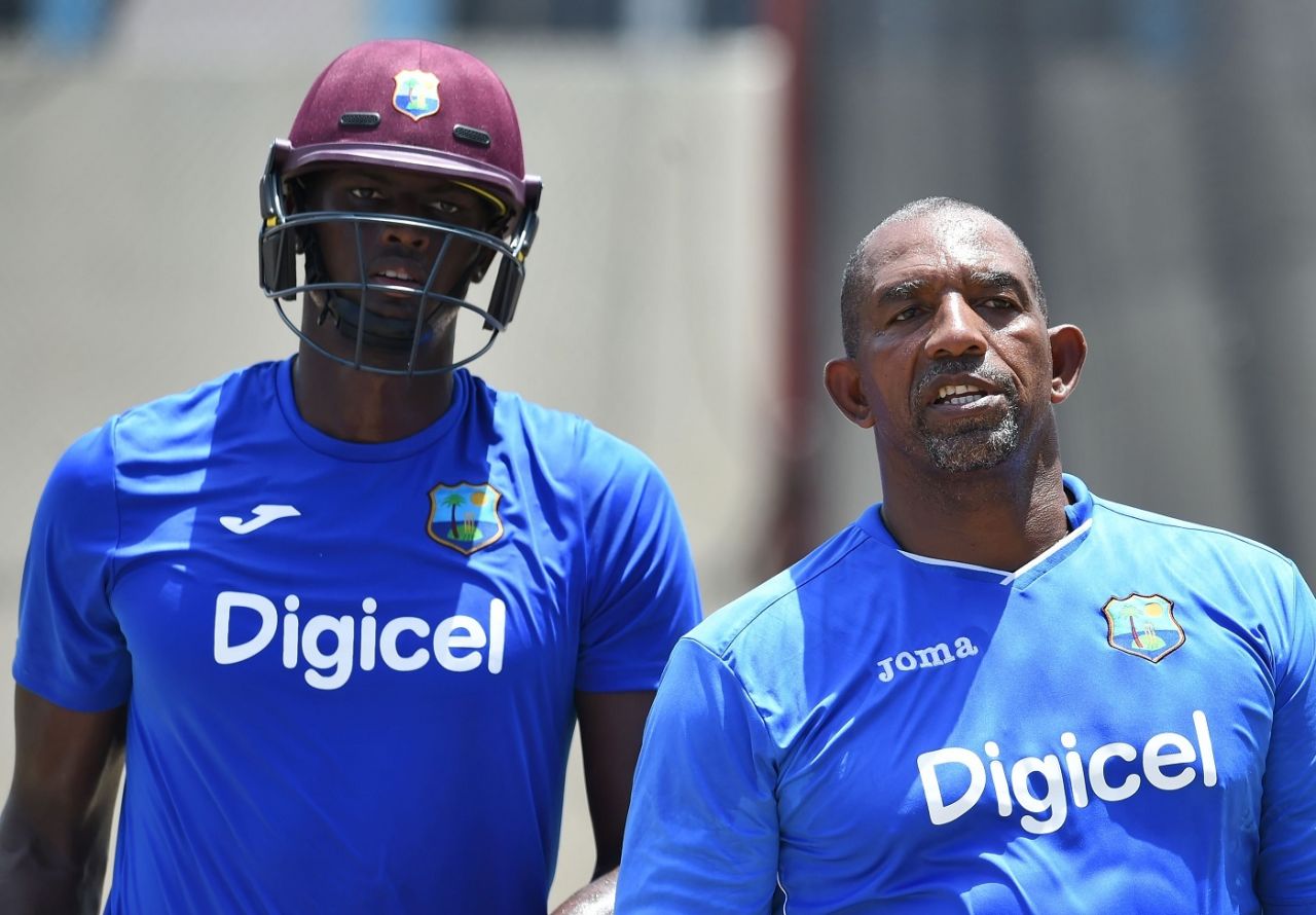 Phil Simmons and Jason Holder have a chat, West Indies tri-nation series 2016, Basseterre, June 12, 2016