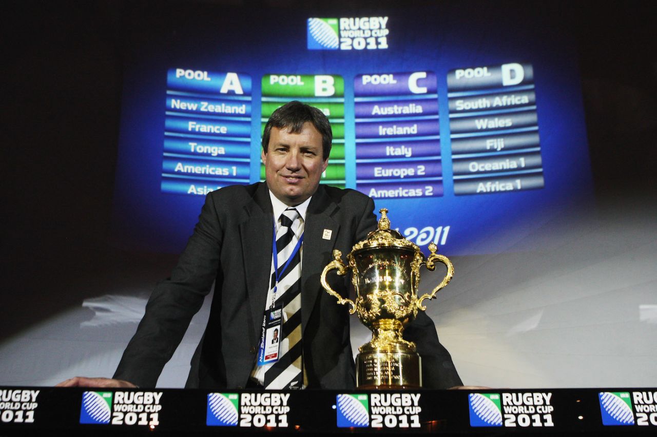 Martin Snedden, as CEO of Rugby New Zealand 2011, poses with the William Webb Ellis Trophy, London, England, December 1, 2008