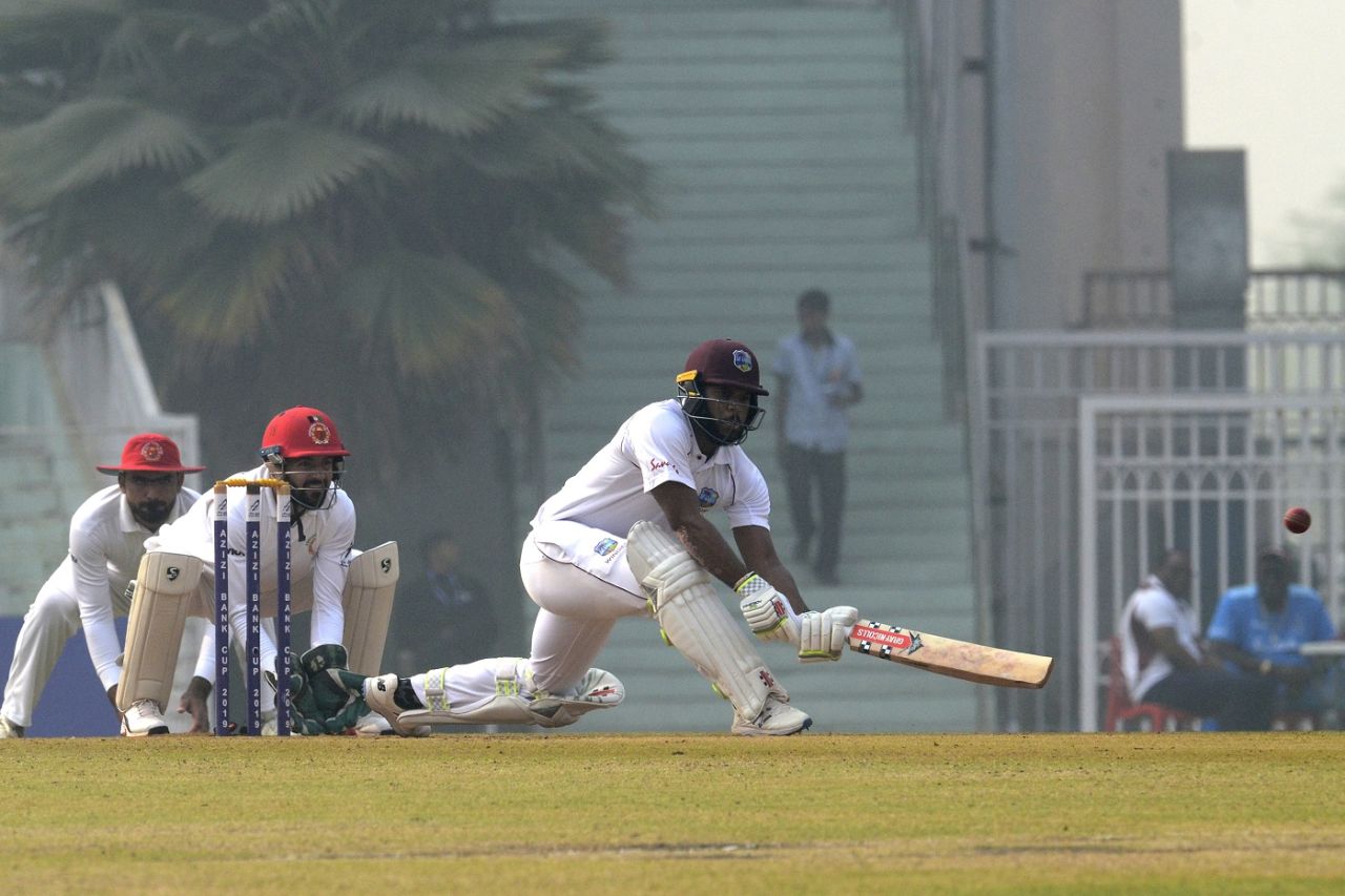 John Campbell plays the sweep, Afghanistan v West Indies, Only Test, 2nd day, Lucknow, November 28, 2019