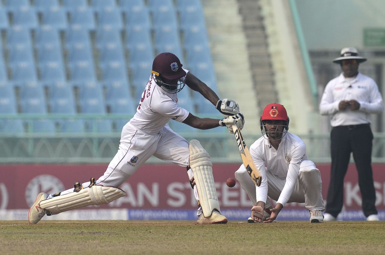 Shamarh Brooks defends after stretching forward, Afghanistan v West Indies, Only Test, 2nd day, Lucknow, November 28, 2019