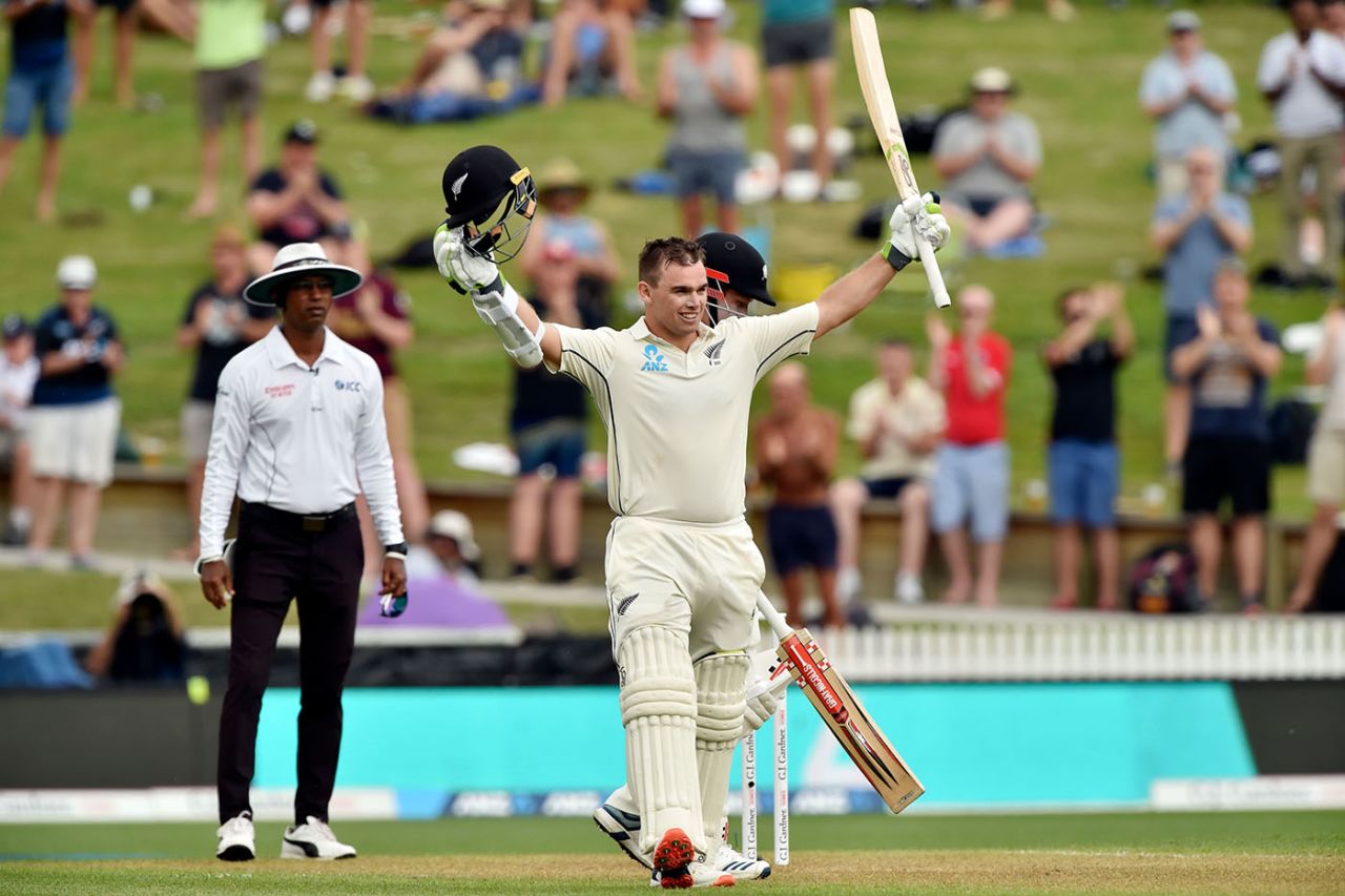 Tom Latham celebrates reaching his century, New Zealand v England, 2nd Test, Hamilton, November 29, 2019