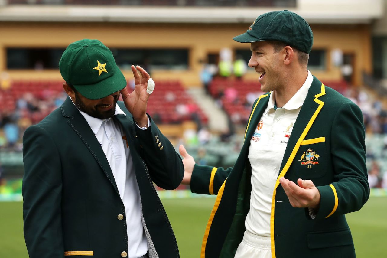 Azhar Ali and Tim Paine share a laugh at the toss, Australia v Pakistan, Day 1, 2nd Test, Adelaide, November 29, 2019