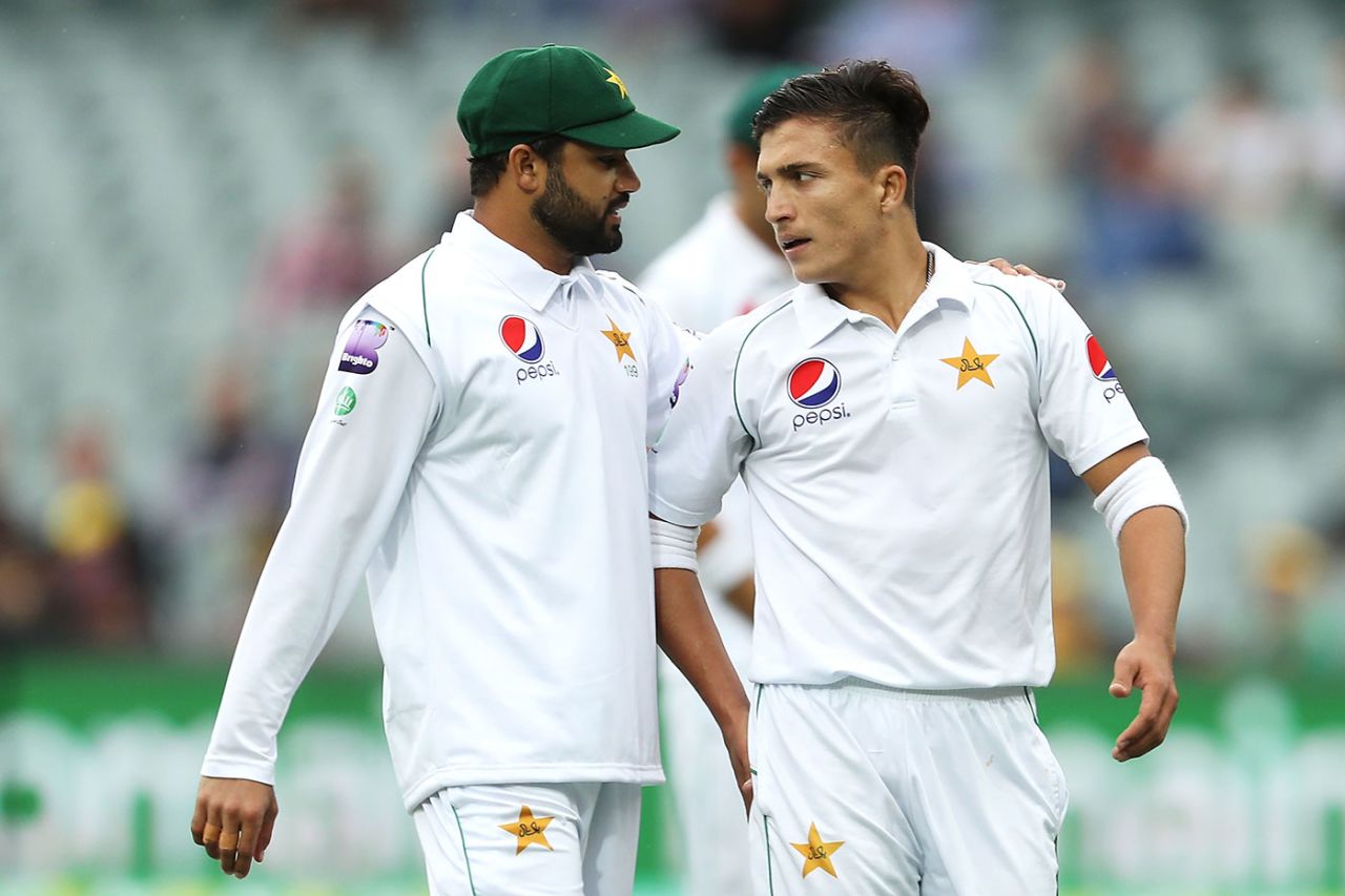 Debutant Muhammad Musa chats with Azhar Ali, Australia v Pakistan, Day 1, 2nd Test, Adelaide, November 29, 2019