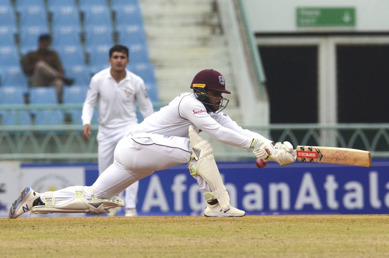 John Campbell plays a sweep, Afghanistan v West Indies, only Test, Lucknow, 3rd day, November 29, 2019