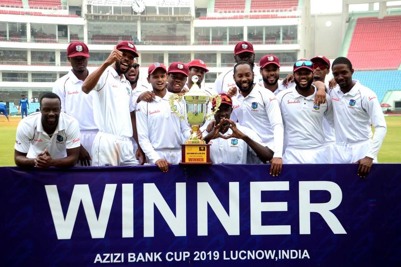 The West Indies players pose with the trophy, Afghanistan v West Indies, only Test, Lucknow, 3rd day, November 29, 2019