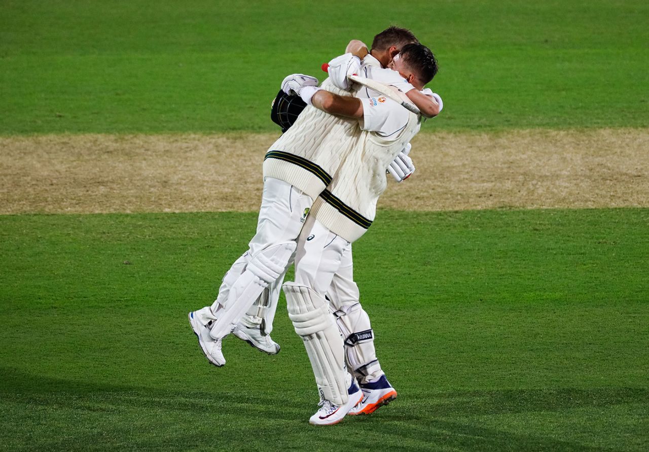 Marnus Labuschagne embraces with David Warner after his hundred, Australia v Pakistan, 2nd Test, Adelaide, 1st day, November 29, 2019