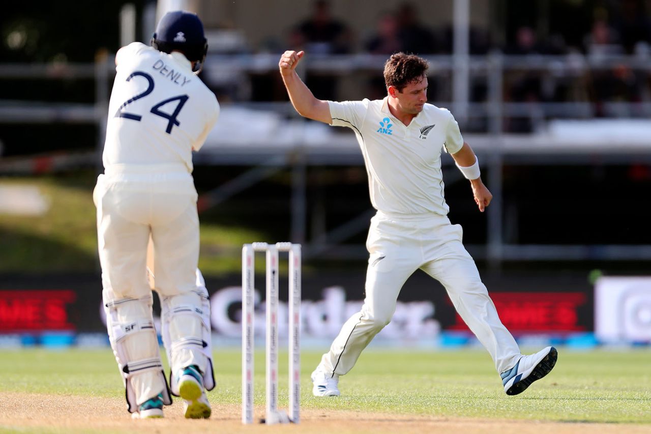 Matt Henry celebrates the wicket of Joe Denly, New Zealand v England, 2nd Test, Hamilton, November 30, 2019