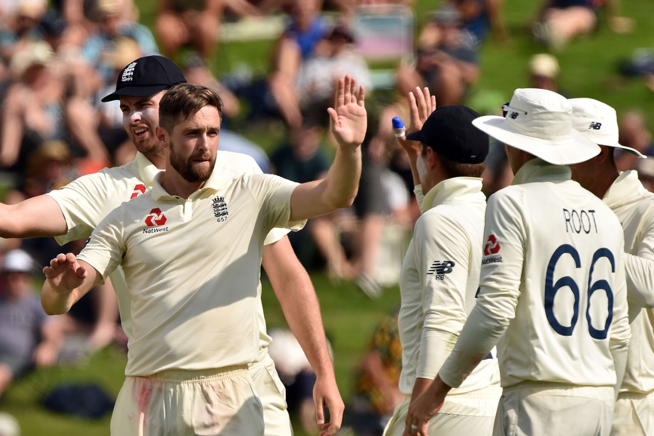 Chris Woakes celebrates a breakthrough, New Zealand v England, 2nd Test, Hamilton, November 30, 2019