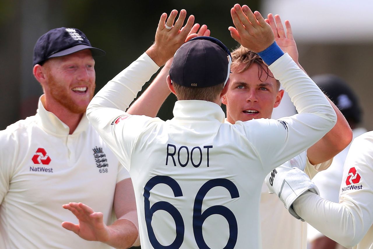 Sam Curran celebrates with team-mates after claiming the wicket of Jeet Raval, New Zealand v England, 2nd Test, Hamilton, December 02, 2019