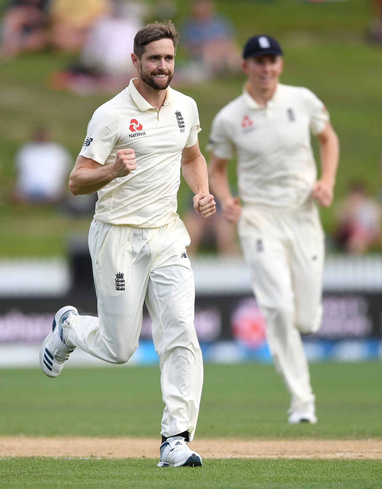 Chris Woakes is pumped after dismissing Tom Latham, New Zealand v England, 2nd Test, Hamilton, December 02, 2019
