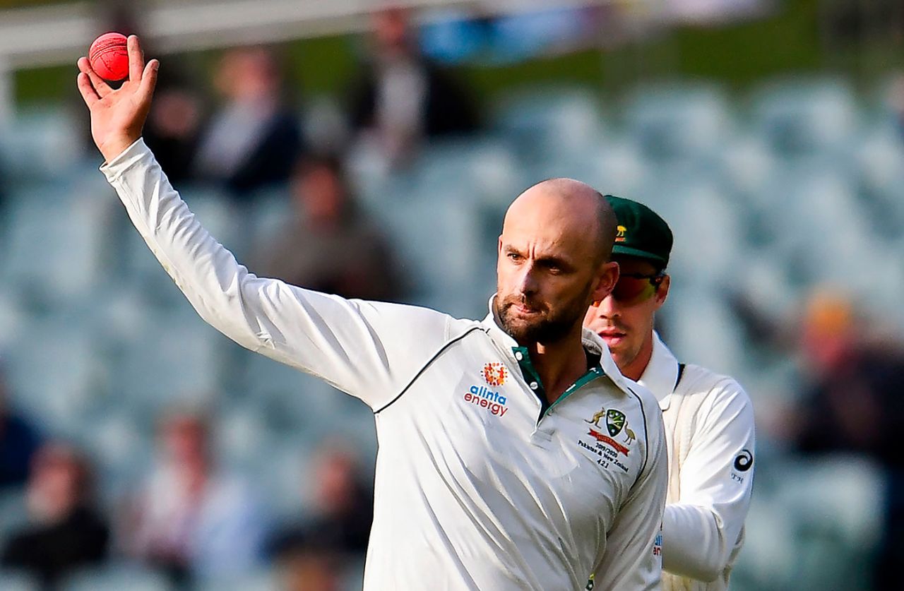 Nathan Lyon holds the ball up after his five-wicket haul, Australia v Pakistan, 2nd Test, Day 4, Adelaide, December 2, 2019