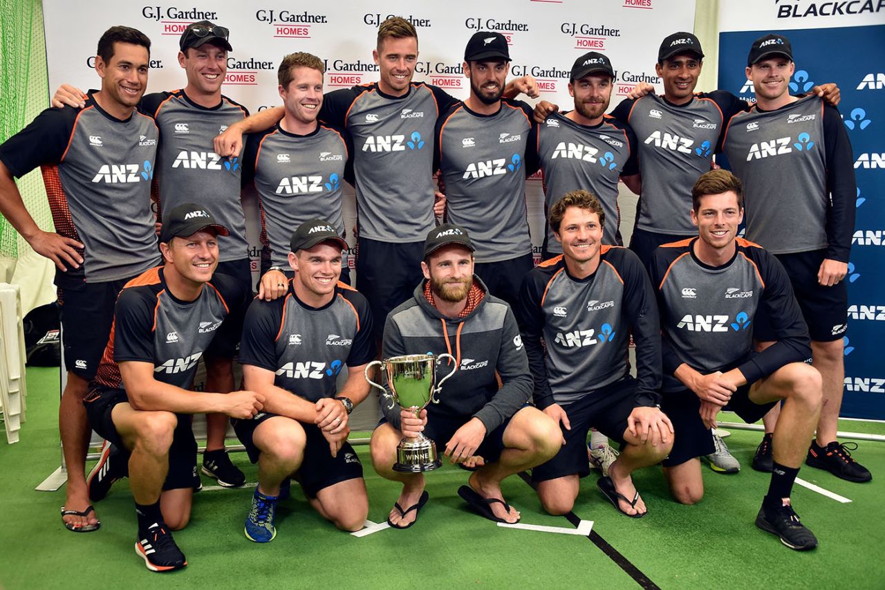 The New Zealand team pose with the trophy after their 1-0 series win, New Zealand v England, 2nd Test, Hamilton, December 03, 2019