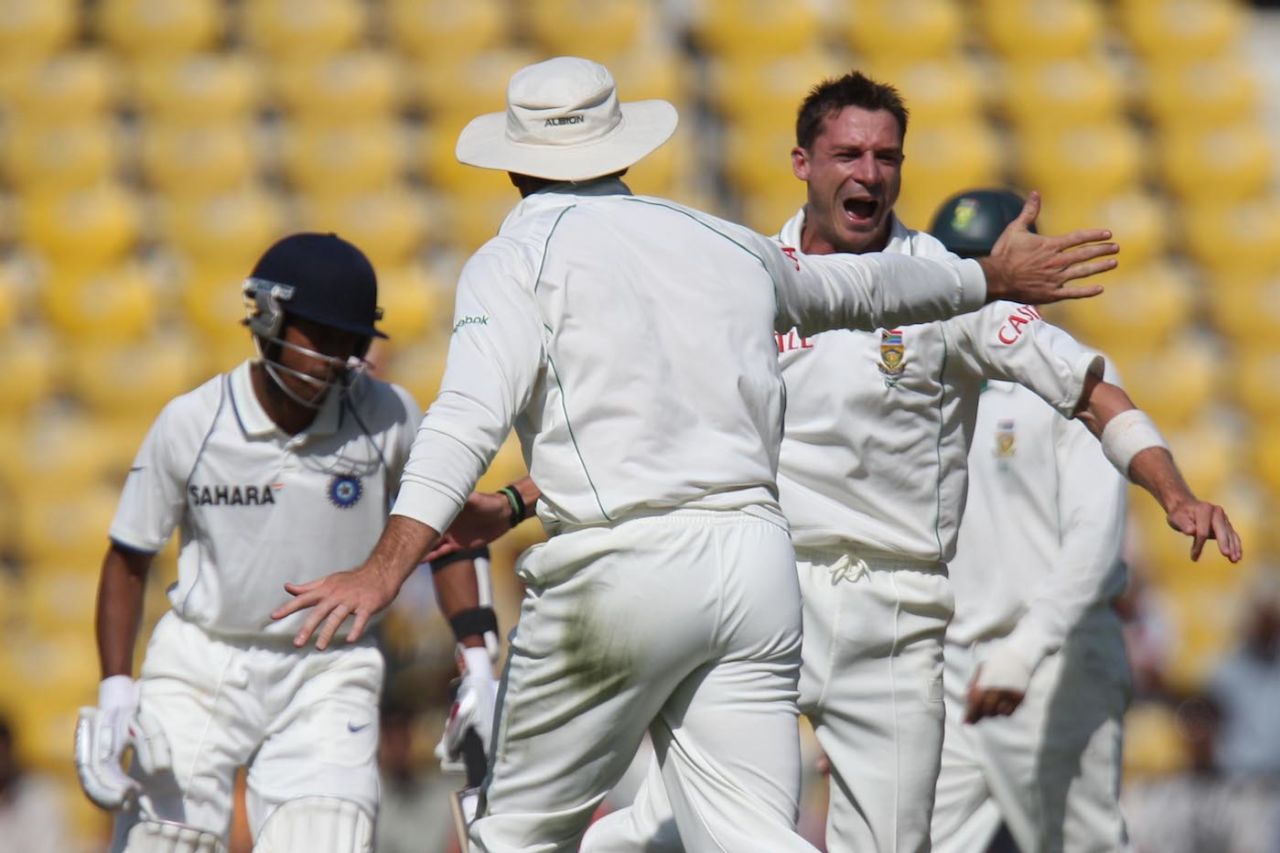 Dale Steyn celebrates the wicket of Wriddhiman Saha, India v South Africa, 1st Test, Nagpur, 3rd day, February 8, 2010