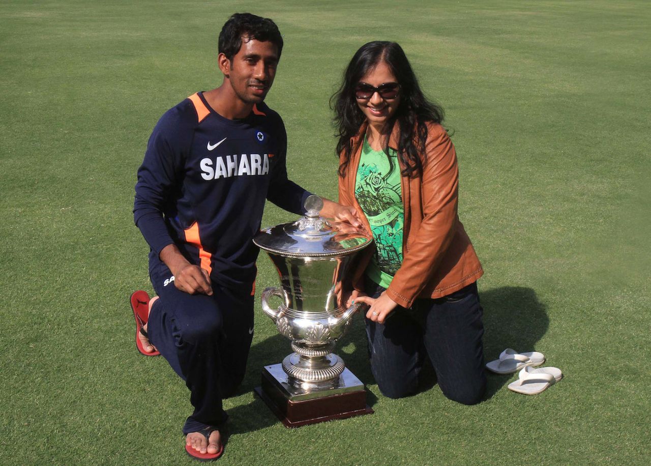 Wriddhiman Saha and his wife with the trophy, Central Zone v East Zone, Duleep Trophy, Indore, 3rd day, February 14, 2012