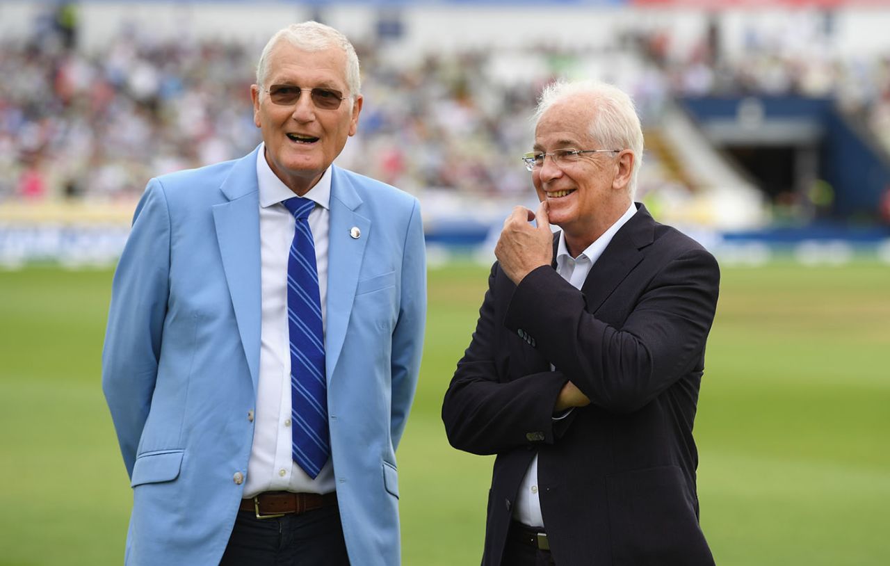 Bob Willis chats to his colleague David Gower, England v India, 1st Test, Edgbaston, 3rd day, August 3, 2018
