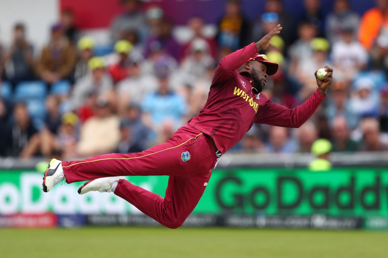 Fabian Allen takes a spectacular catch off the bowling of Oshane Thomas, Group Stage, World Cup 2019, Afghanistan v West Indies, Headingley, Leeds, England, July 04, 2019
