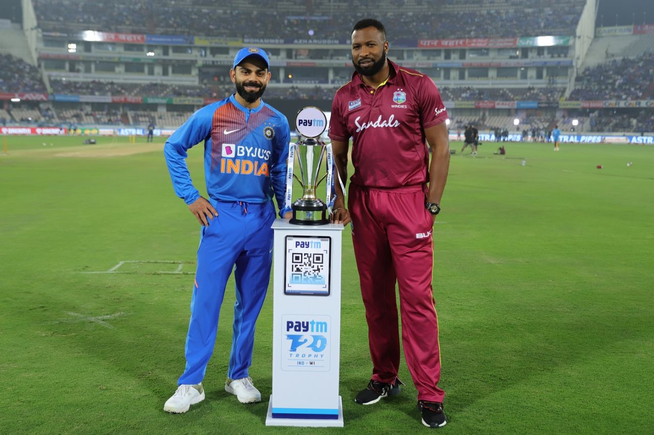 Kieron Pollard and Virat Kohli pose with the series trophy, India v West Indies, 1st T20I, Hyderabad, December 6, 2019