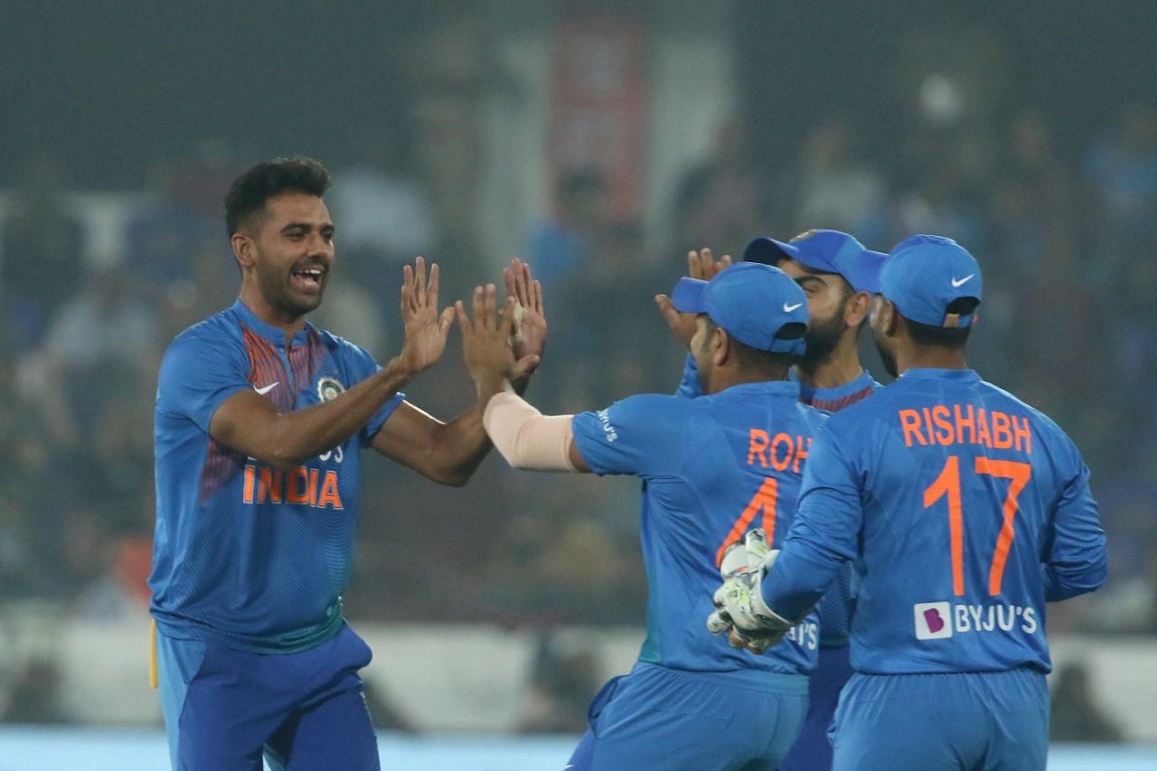 Deepak Chahar celebrates Lendl Simmons' dismissal, India v West Indies, 1st T20I, Hyderabad, December 6, 2019