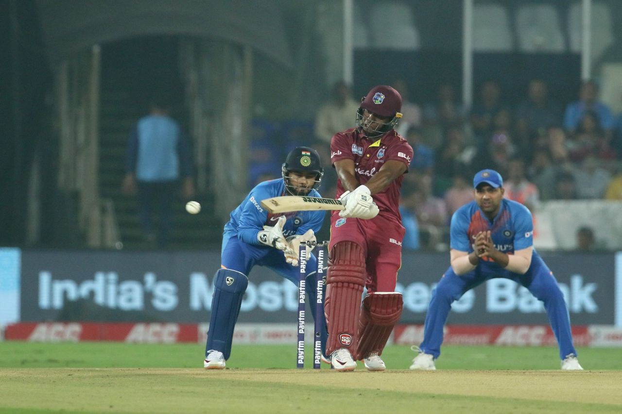 Evin Lewis puts all his power into a pull shot, India v West Indies, 1st T20I, Hyderabad, December 6, 2019