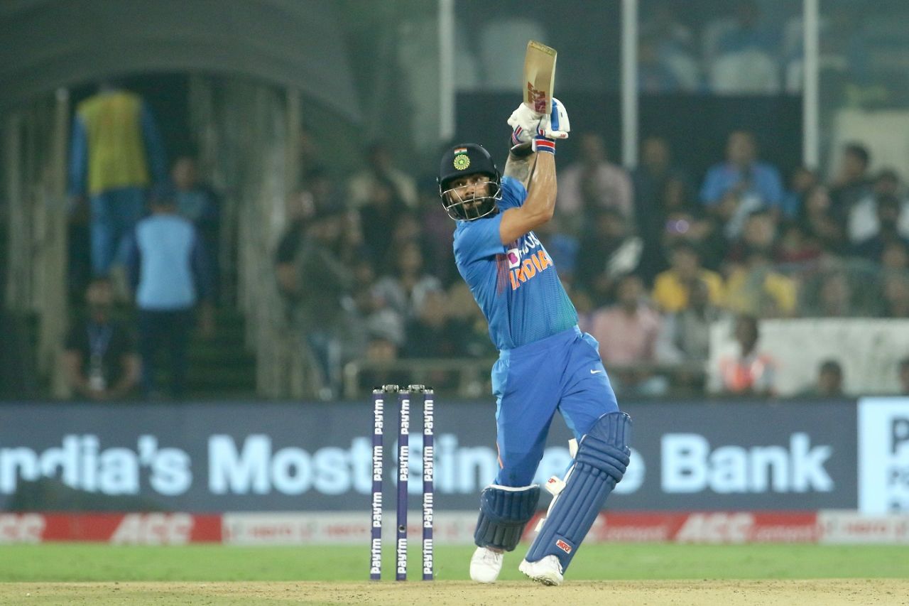 Virat Kohli lofts the ball over cover, India v West Indies, 1st T20I, Hyderabad, December 6, 2019